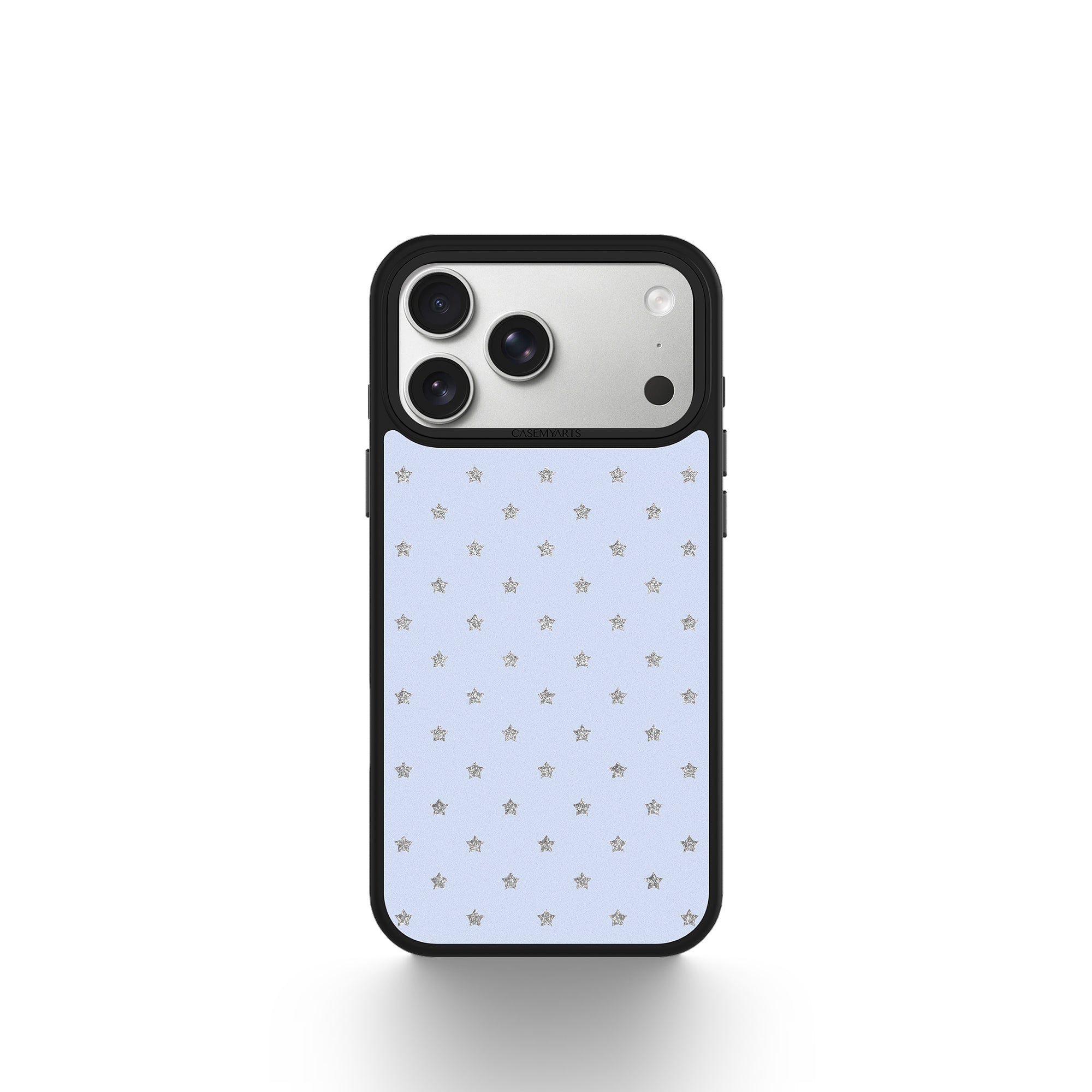 Phone case with star pattern on a light blue background