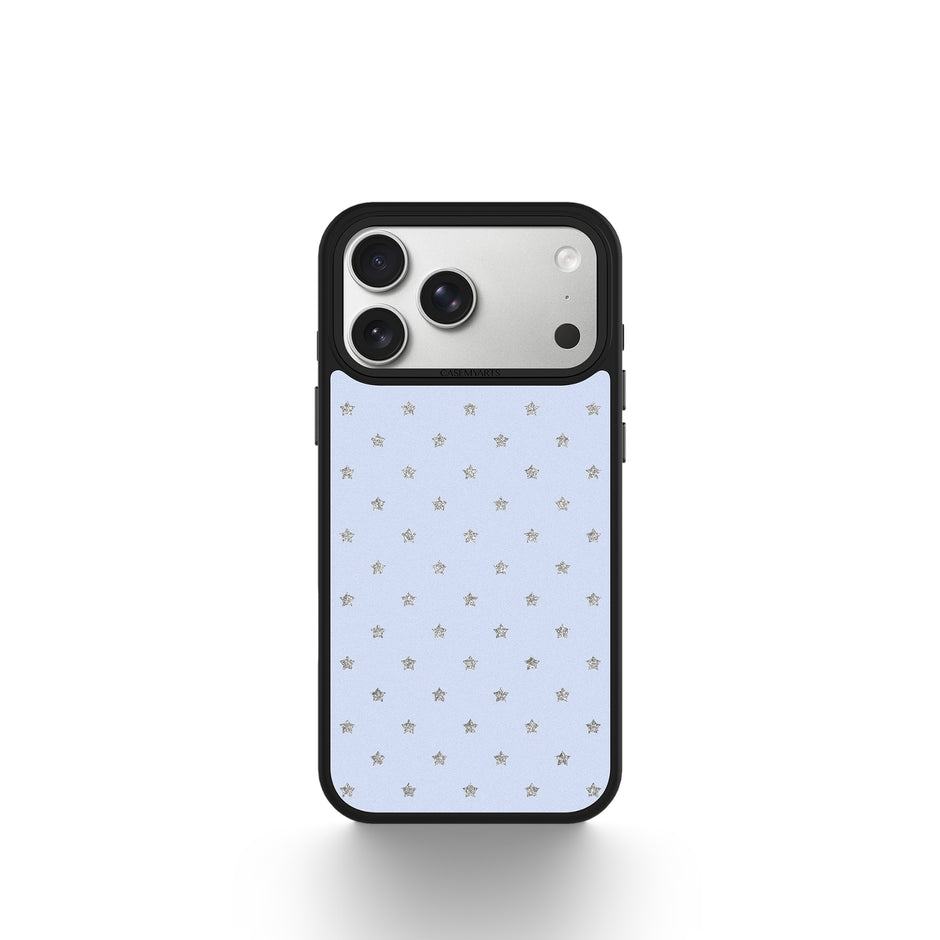 Phone case with star pattern on a light blue background